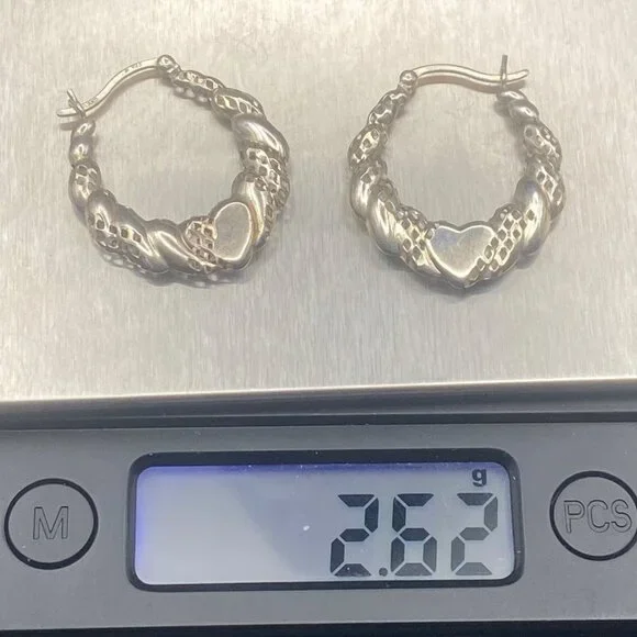 Sterling Silver 925 Heart Hoop Earrings Textured Diamond Cut Thailand 1" 2.62g - Picture 6 of 9